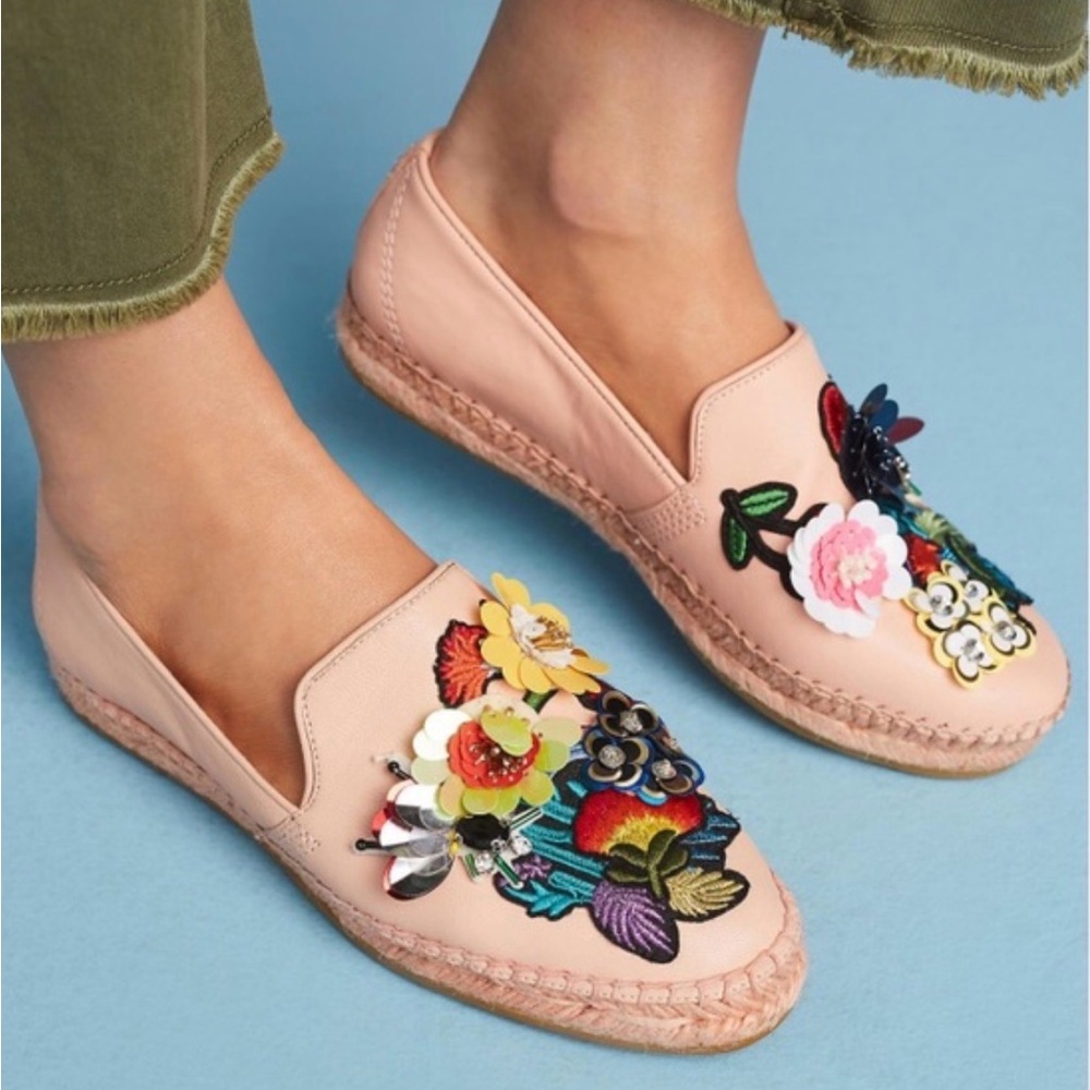 bill blass Pink Espadrille Slip-Ons with Multicolor Floral Embellishments